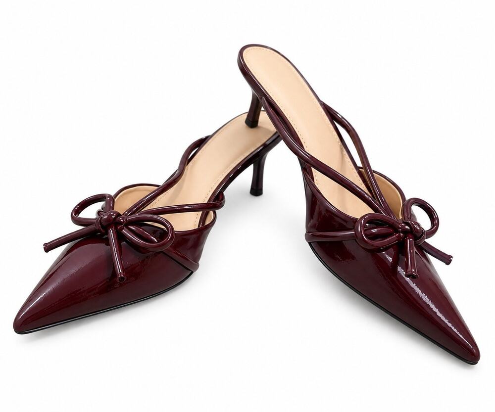 A New Day Women’s Size 11 Burgundy Patent Bow Pointed Toe Kitten Heel Mules NWT